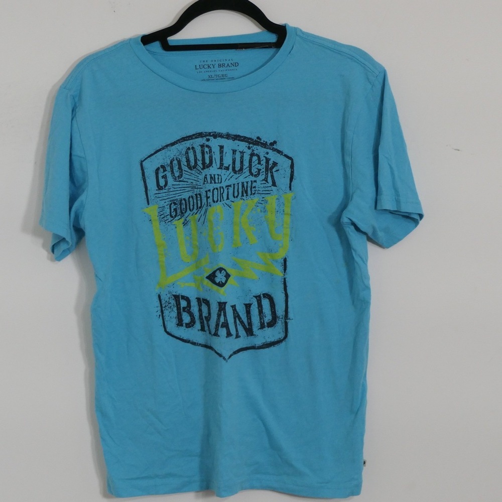 Lucky Brand Women T-Shirt XL Blue Good Luck Graphic Boho California Clover Soft